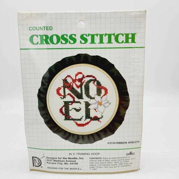 Designs For The Needle Ribbon Wreath NOEL Counted Cross Stitch Kit #3124 Vtg 80s - Picture 5 of 5